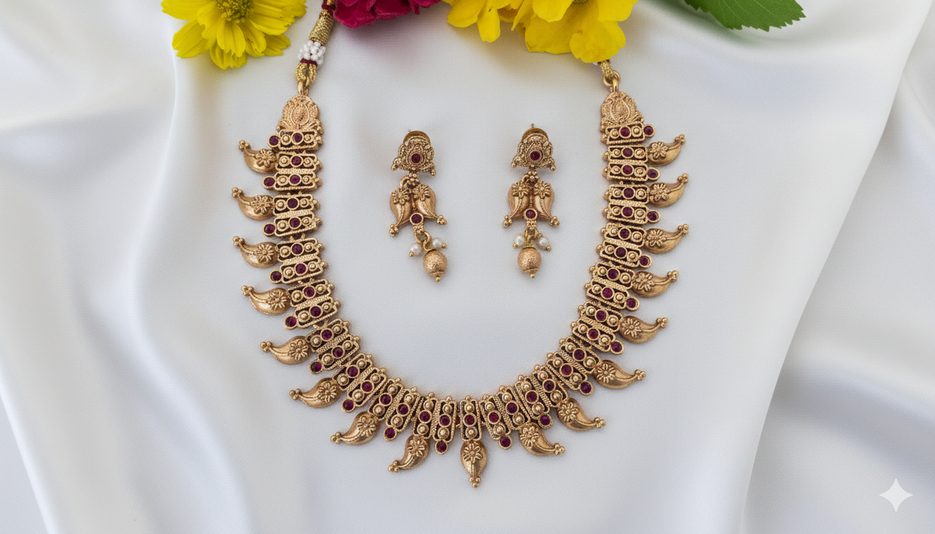 Traditional Temple Jewelry Set – Gold-Plated Mango Motif Necklace & Earrings