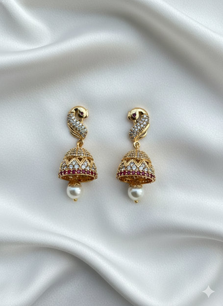 Majestic Peacock Jhumka Earrings with Ruby Accents & Pearl Drops